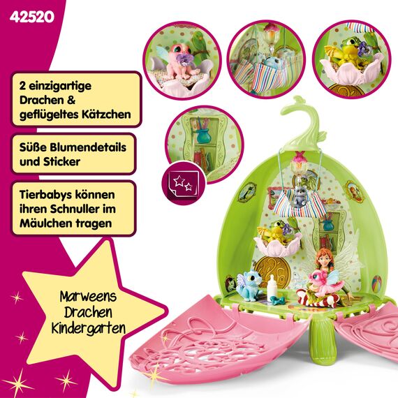 SCHLEICH BAYALA | Marweens Tierkindergarten 42520 | Spielset mit Elfe Marween, 2 Drachenbabys, geflügeltem Kätzchen & Waschbär | Faltbare, transportfähige Blume & Zubehör | Set ab 5 Jahren | 19 Teile