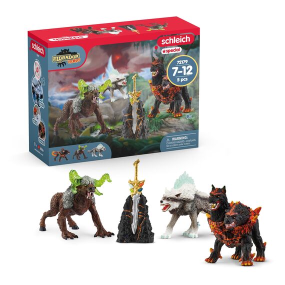 SCHLEICH ELDRADOR Creatures | Starter Set 72179 mit Höllenhund, Schneewolf, Felsbestie und Superwaffe | ELDRADOR Monster Spielfiguren | Spielzeug ab 7 Jahren | 5 Teile | exklusiv bei Amazon