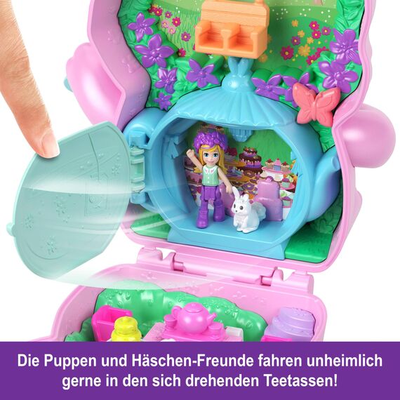 Polly Pocket Puppen und Spielset, Teeparty-Häschen-Schatulle, Spielzeug für unterwegs mit 1 kleinen Puppe, Häschen, Zubehör für Styling und Essen, JCR40