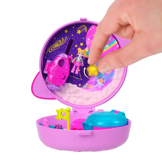 Polly Pocket Puppen und Spielset, Planet Polly Weltraum-Schatulle, Reisespielzeug mit 1 Minipuppe, Hündchen und passendem Zubehör, JCB18