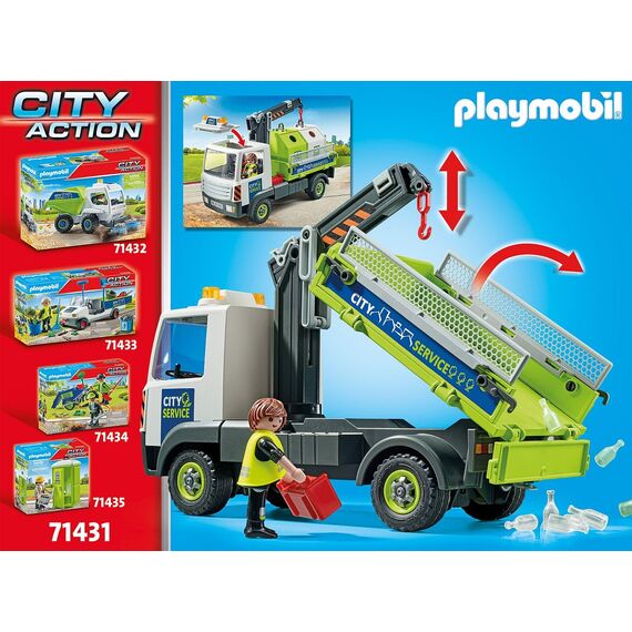 PLAYMOBIL City Action 71431 Altglas-LKW mit Container, Stadtreinigung, Altglascontainer, LKW-Fahrer und zahlreiche Flaschen, hochklappbare Ladefläche zum Entladen, Spielzeug für Kinder ab 4 Jahren