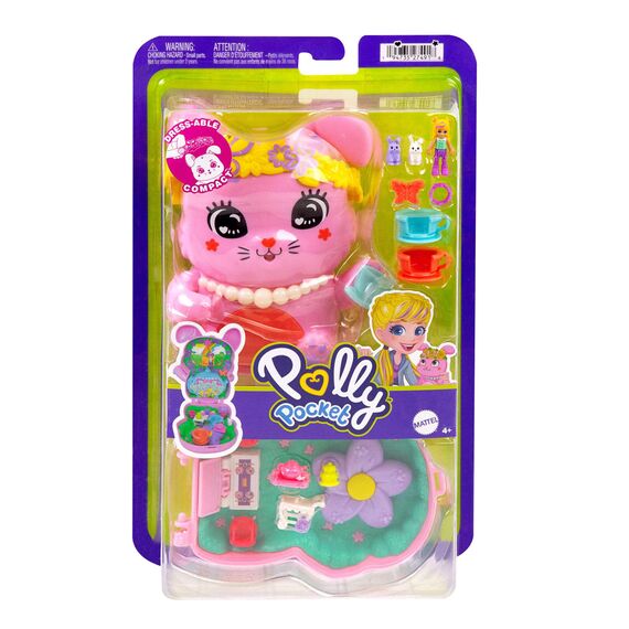 Polly Pocket Puppen und Spielset, Teeparty-Häschen-Schatulle, Spielzeug für unterwegs mit 1 kleinen Puppe, Häschen, Zubehör für Styling und Essen, JCR40
