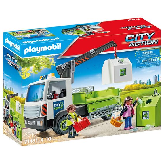 PLAYMOBIL City Action 71431 Altglas-LKW mit Container, Stadtreinigung, Altglascontainer, LKW-Fahrer und zahlreiche Flaschen, hochklappbare Ladefläche zum Entladen, Spielzeug für Kinder ab 4 Jahren
