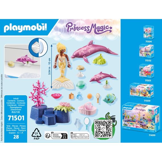 PLAYMOBIL Princess Magic 71501 Meerjungfrau mit Delfinen, liebevolle Pflege der Delfinmama und ihres Babys, mit vielseitigem Zubehör, detailreiches Spielzeug für Kinder ab 4 Jahren