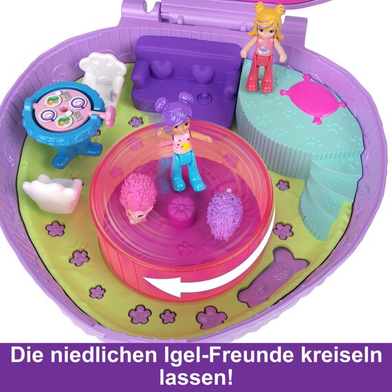 Polly Pocket Igel-Café Schatulle - Spielset mit 2 Puppen, 12 Accessoires und 9 Tieren, drehendes Igel-Rad, aufhängbarer Vogelkäfig und versteckte Snacks, für Kinder ab 4 Jahren, HRD37
