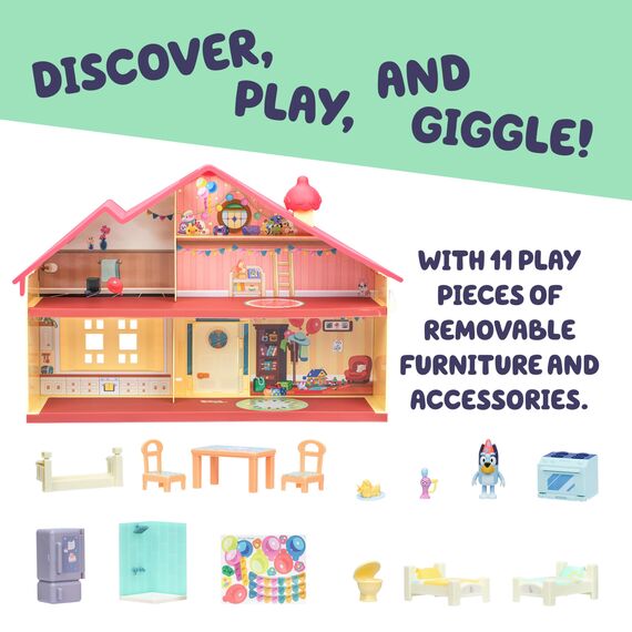 BlueY Blueys Feier zu Hause; Blueys Geburtstagsfeier; mit 11 Möbel-Spielzeugen, Zubehörteilen und Einer exklusiven Figur (6,3 cm); Haus feierlich dekorieren