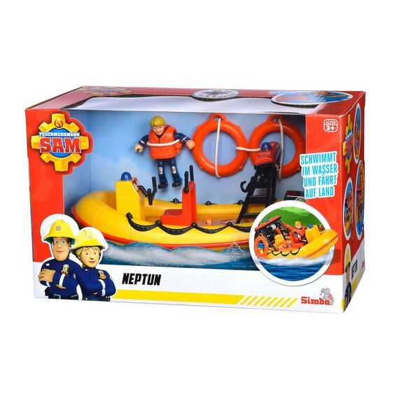 Simba 109251047 - Feuerwehrmann Sam Neptune Boot, mit Penny Figur im Tauchoutfit, mit Geheimfach und mechanischer Seilwinde, schwimmt auf dem Wasser, 20cm, für Kinder ab 3 Jahren, Gelb, Orange