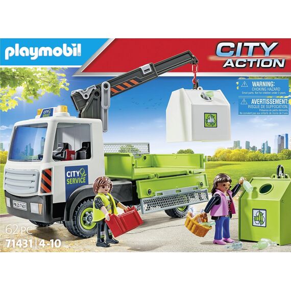PLAYMOBIL City Action 71431 Altglas-LKW mit Container, Stadtreinigung, Altglascontainer, LKW-Fahrer und zahlreiche Flaschen, hochklappbare Ladefläche zum Entladen, Spielzeug für Kinder ab 4 Jahren