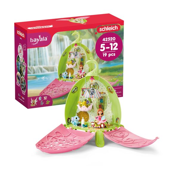 SCHLEICH BAYALA | Marweens Tierkindergarten 42520 | Spielset mit Elfe Marween, 2 Drachenbabys, geflügeltem Kätzchen & Waschbär | Faltbare, transportfähige Blume & Zubehör | Set ab 5 Jahren | 19 Teile