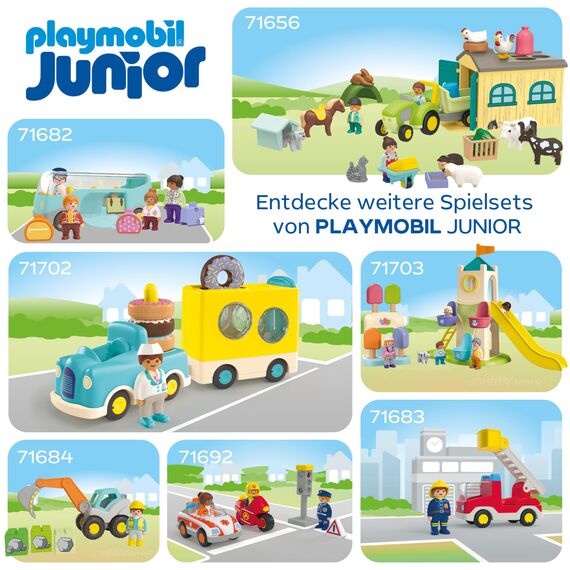 PLAYMOBIL JUNIOR | Feuerwehrleiterfahrzeug | nachhaltiges Spielzeug für Kinder ab 1 Jahr | inkl. drehbarer Leiter und Feuerwehrmann | 71683
