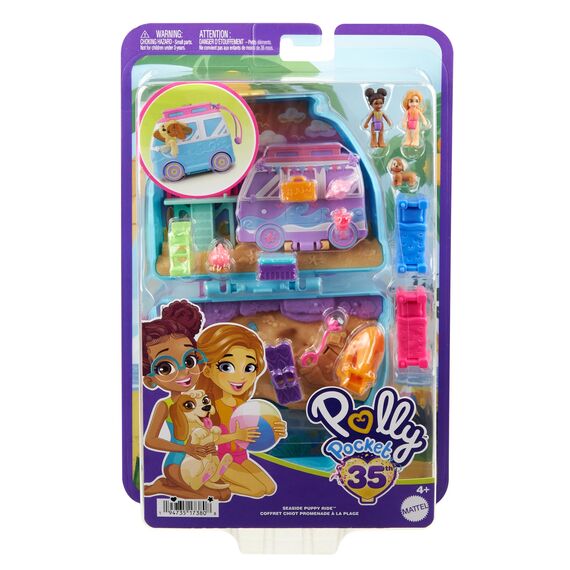 Polly Pocket Urlaub am Hundestrand Schatulle - Roadtrip-Abenteuer mit 2 Puppen, 12 Accessoires ultimativer Campingplatz am Meer, Lagerfeuer und Rettungsschwimmerturm, für Kinder ab 4 Jahren, HRD36