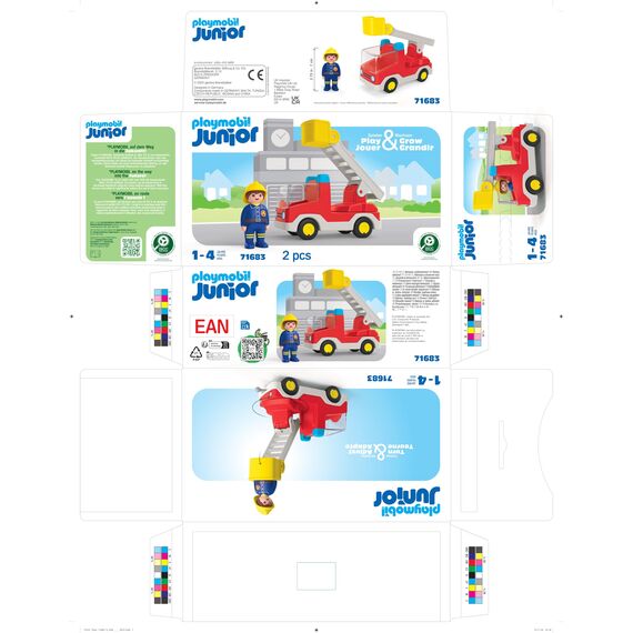 PLAYMOBIL JUNIOR | Feuerwehrleiterfahrzeug | nachhaltiges Spielzeug für Kinder ab 1 Jahr | inkl. drehbarer Leiter und Feuerwehrmann | 71683