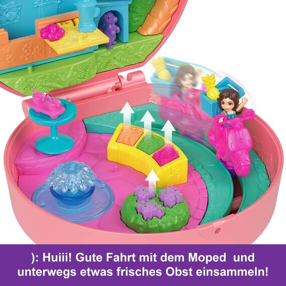 Polly Pocket-Puppen und Spielset, Adventure Moped-Schatulle, Reisespielzeug mit 2 kleinen Puppen und Tier, Zubehörteile für Tier und Fahrzeug, HWN98