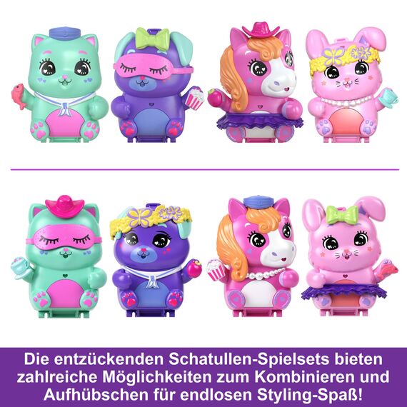 Polly Pocket Puppen und Spielset, Matrosenkatze-Schatulle, Spielzeug für unterwegs mit 1 kleinen Puppe, Kätzchen, Zubehör für Styling und Essen, JCR37