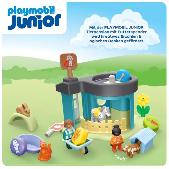 PLAYMOBIL JUNIOR | Tierpension mit Futterspender | nachhaltiges Spielzeug aus biobasierten Kunststoffen | für Kinder ab 1 Jahr | 71690