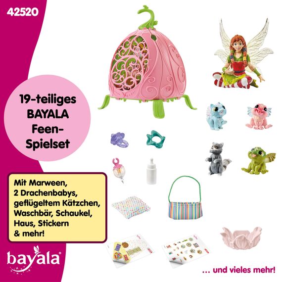 SCHLEICH BAYALA | Marweens Tierkindergarten 42520 | Spielset mit Elfe Marween, 2 Drachenbabys, geflügeltem Kätzchen & Waschbär | Faltbare, transportfähige Blume & Zubehör | Set ab 5 Jahren | 19 Teile