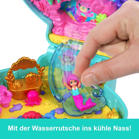 Polly Pocket Puppen und Spielset, Glitzerinsel-Schatulle, Reisespielzeug mit 1 Mini-Meerjungfrauenpuppe, Meerestieren und passendem Zubehör, JCB16