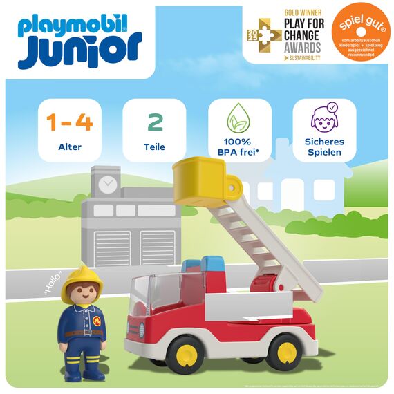 PLAYMOBIL JUNIOR | Feuerwehrleiterfahrzeug | nachhaltiges Spielzeug für Kinder ab 1 Jahr | inkl. drehbarer Leiter und Feuerwehrmann | 71683