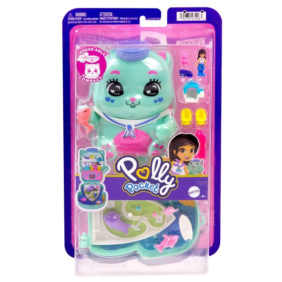 Polly Pocket Puppen und Spielset, Matrosenkatze-Schatulle, Spielzeug für unterwegs mit 1 kleinen Puppe, Kätzchen, Zubehör für Styling und Essen, JCR37