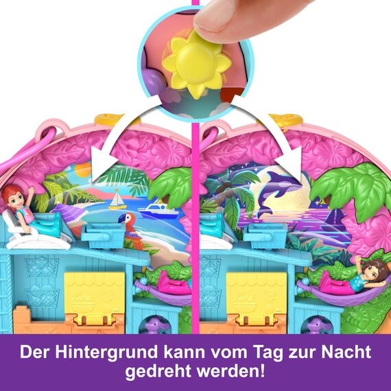 Polly Pocket-Puppen und Spielset, Adventure Moped-Schatulle, Reisespielzeug mit 2 kleinen Puppen und Tier, Zubehörteile für Tier und Fahrzeug, HWN98