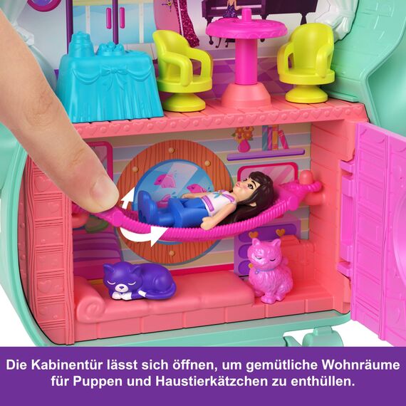 Polly Pocket Puppen und Spielset, Matrosenkatze-Schatulle, Spielzeug für unterwegs mit 1 kleinen Puppe, Kätzchen, Zubehör für Styling und Essen, JCR37