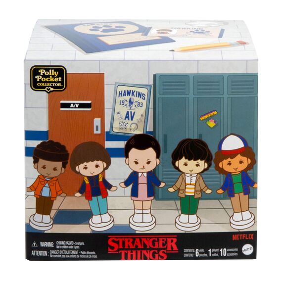 Polly Pocket Sammler Spielset, Stranger Things Schatulle mit 6 Sondereditions-Figuren und 10 Accessoires, HWP22