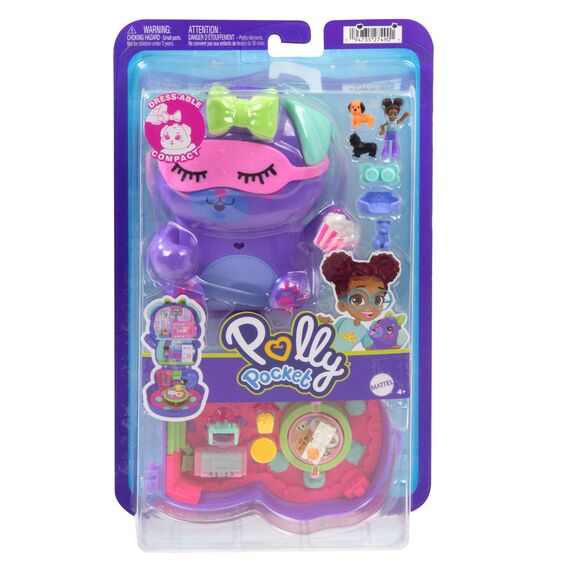 Polly Pocket Puppen und Spielset, Übernachtungsparty-Welpen-Schatulle, Spielzeug für unterwegs mit 1 kleinen Puppe, Hündchen, Zubehör für Mode und Essen, JCR38