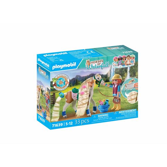 PLAYMOBIL Horses of Waterfall 71639 Ellie & Pferd mit Kreppeisen, inklusive Haarschmuck für kreative Pferdefrisuren und Zwei echten Silikon-Armbändern, nachhaltiges Spielzeug für Kinder ab 5 Jahren