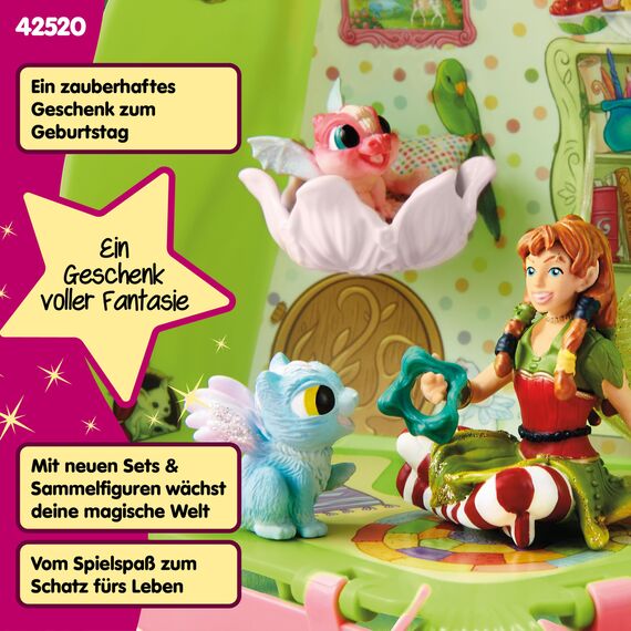 SCHLEICH BAYALA | Marweens Tierkindergarten 42520 | Spielset mit Elfe Marween, 2 Drachenbabys, geflügeltem Kätzchen & Waschbär | Faltbare, transportfähige Blume & Zubehör | Set ab 5 Jahren | 19 Teile