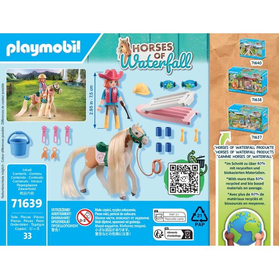 PLAYMOBIL Horses of Waterfall 71639 Ellie & Pferd mit Kreppeisen, inklusive Haarschmuck für kreative Pferdefrisuren und Zwei echten Silikon-Armbändern, nachhaltiges Spielzeug für Kinder ab 5 Jahren
