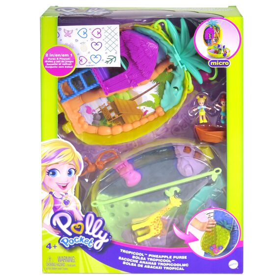 Polly Pocket GKJ64 - Ananas-Taschen-Schatulle, tragbar, mit 8 lustigen Funktionen, den kleinen Puppen Polly und Lila, 2 Zubehörteilen und Stickerbogen; Spielzeug für Kinder ab 4 Jahren
