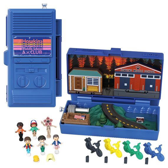 Polly Pocket Sammler Spielset, Stranger Things Schatulle mit 6 Sondereditions-Figuren und 10 Accessoires, HWP22