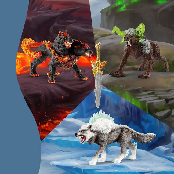 SCHLEICH ELDRADOR Creatures | Starter Set 72179 mit Höllenhund, Schneewolf, Felsbestie und Superwaffe | ELDRADOR Monster Spielfiguren | Spielzeug ab 7 Jahren | 5 Teile | exklusiv bei Amazon