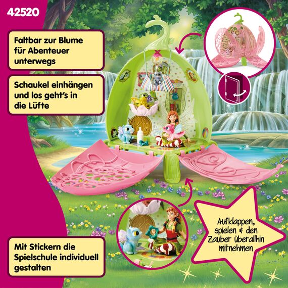 SCHLEICH BAYALA | Marweens Tierkindergarten 42520 | Spielset mit Elfe Marween, 2 Drachenbabys, geflügeltem Kätzchen & Waschbär | Faltbare, transportfähige Blume & Zubehör | Set ab 5 Jahren | 19 Teile