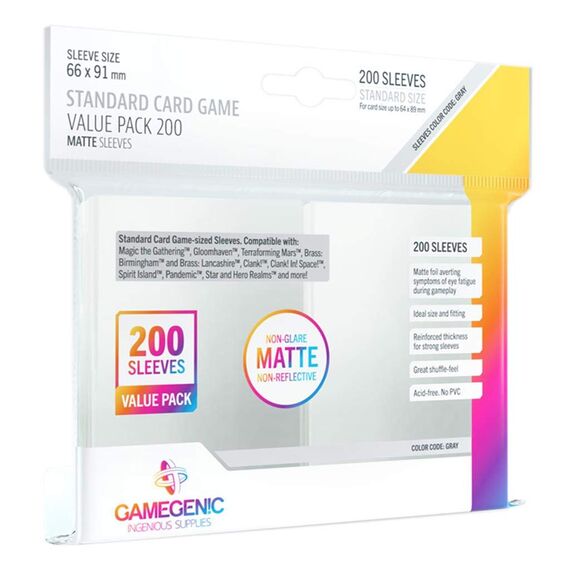 Gamegenic, MATTE Standard Sleeve Value Pack 200, Sleeve color code: Gray & Card Dividers Multicolor