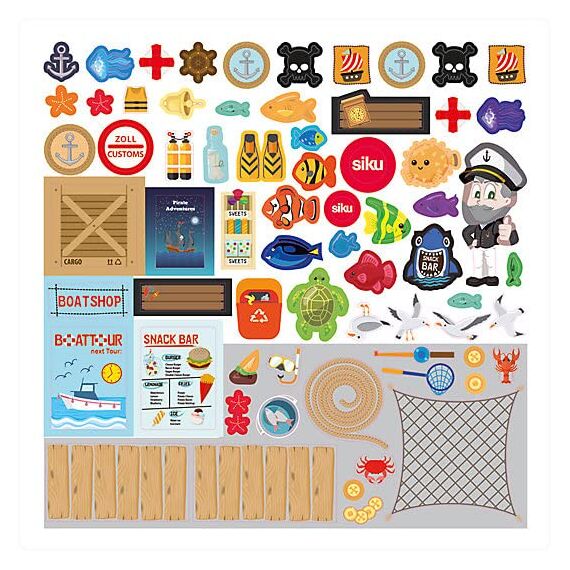 siku 5512, Anlegestelle, Kunststoff, Multicolor, Spielkombination 2 Grundplatten, Arbeitsboot, Bojen, Imbissbude, Steg, Kran, Zum einfachen Zusammenstecken