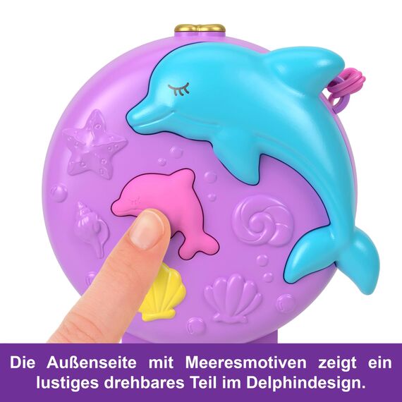 Polly Pocket Puppen und Spielset, Delfin Retten und Spielen Schatulle, Tierspielzeug mit 2 kleinen Puppen und Meerestieren, Zubehörteile rund um das Thema Meer, HWN96