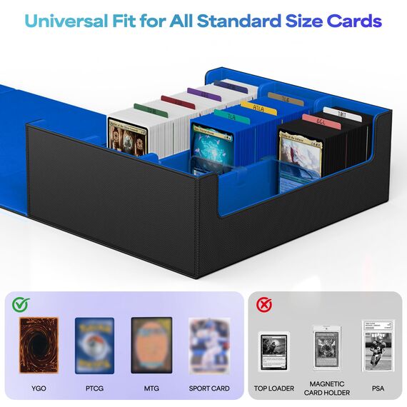 UAONO Sammelkarten-Aufbewahrungsboxen für 1800+ Karten, Premium Magnetic Deck Boxen, Leather Deck Case mit Trennwänden, Spielkarten Deck Boxe für TCG MTG YuGiOh Karten (Schwarz und blau)