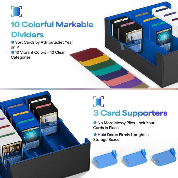 UAONO Sammelkarten-Aufbewahrungsboxen für 1800+ Karten, Premium Magnetic Deck Boxen, Leather Deck Case mit Trennwänden, Spielkarten Deck Boxe für TCG MTG YuGiOh Karten (Schwarz und blau)