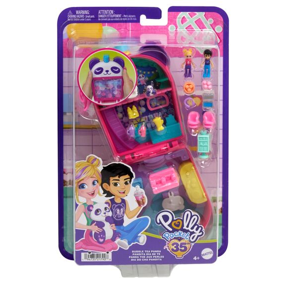 Polly Pocket-Puppen und Spielset, Bubble Tea-Pandaschatulle, tierisches Spielzeug mit 2 kleinen Puppen, Panda und Lebensmittel-Zubehörteilen, HWN95