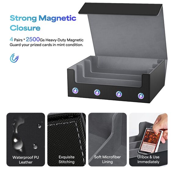 UAONO Sammelkarten-Aufbewahrungsboxen für 1800+ Karten, Premium Magnetic Deck Boxen, Leather Deck Case mit Trennwänden, Spielkarten Deck Boxe für TCG Magic the Gathering YuGiOh Karten (Schwarz)
