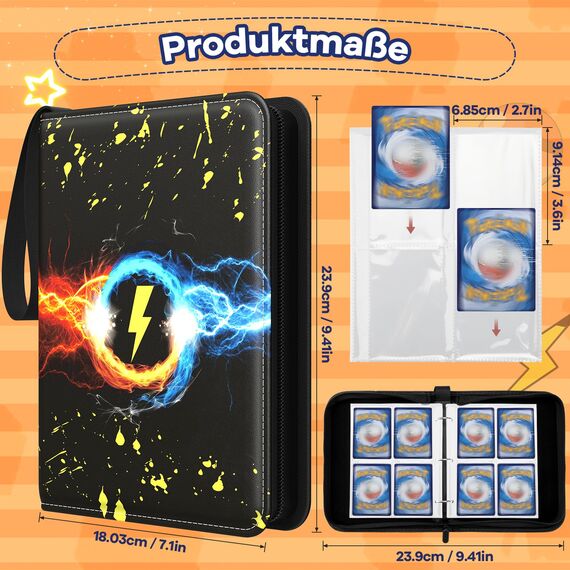 Sammelalbum für TCG Karten, 400 Karten Sammelkarten Album 4 Taschen 50 Seiten, Wasserdicht PU Leder Reißverschluss Binder für Sammelkarten, Geschenk für kinder Jungen Mädchen