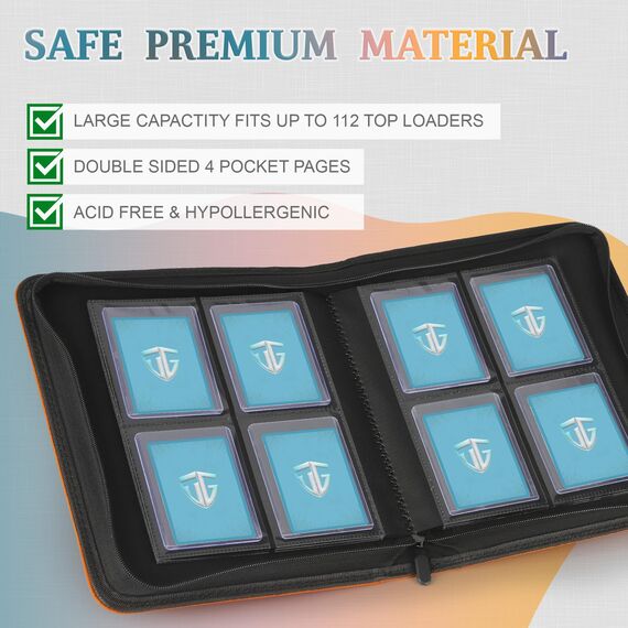 TCGUARD Toploader Sammelkarten Album für 112 Toploader, 4 Fächer TCG Binder mit Hüllen für 3"x4" Rigid Card, Trading Card Binder für TCG, MTG-Karten, Kartensammelalben(Orange)