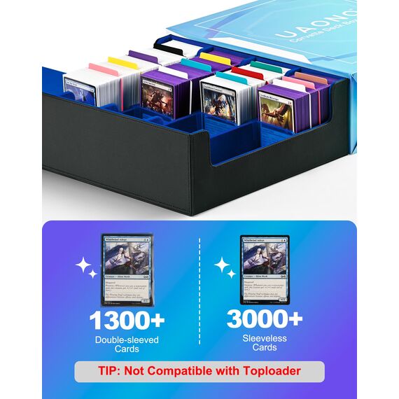 UAONO Kartenaufbewahrungsbox für Trading Cards, 2400+ MTG Commander Deck Box mit 24pcs bunten Teilern, Kartenetui passend für Magic TCG PTCG Spielkarten(schwarz&blau)