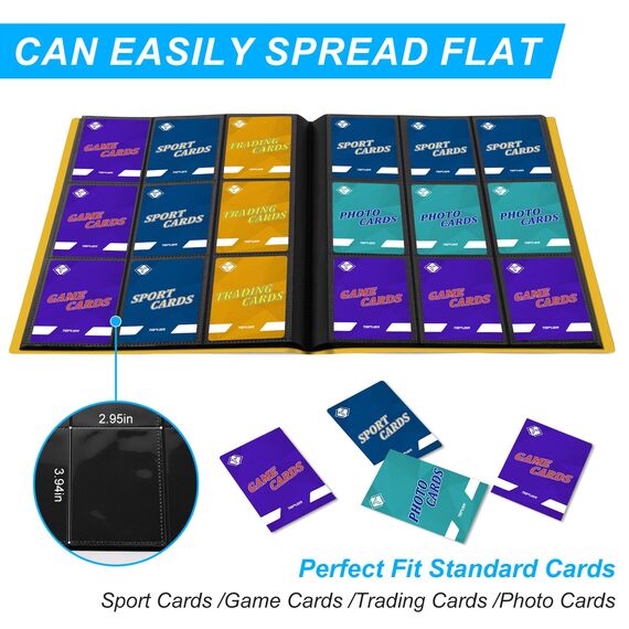 9 Taschen Kartenbinder für Trading Cards, Baseball Card Collection Binder mit 360 Seitentaschen Sportkartenbuch Kartenordner Kartenalbum Kartenhalter Fit für MTG Football Play Cards (Gelb)