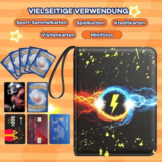 Sammelalbum für TCG Karten, 400 Karten Sammelkarten Album 4 Taschen 50 Seiten, Wasserdicht PU Leder Reißverschluss Binder für Sammelkarten, Geschenk für kinder Jungen Mädchen