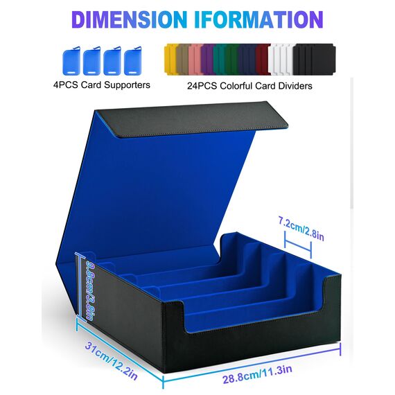 UAONO Kartenaufbewahrungsbox für Trading Cards, 2400+ MTG Commander Deck Box mit 24pcs bunten Teilern, Kartenetui passend für Magic TCG PTCG Spielkarten(schwarz&blau)