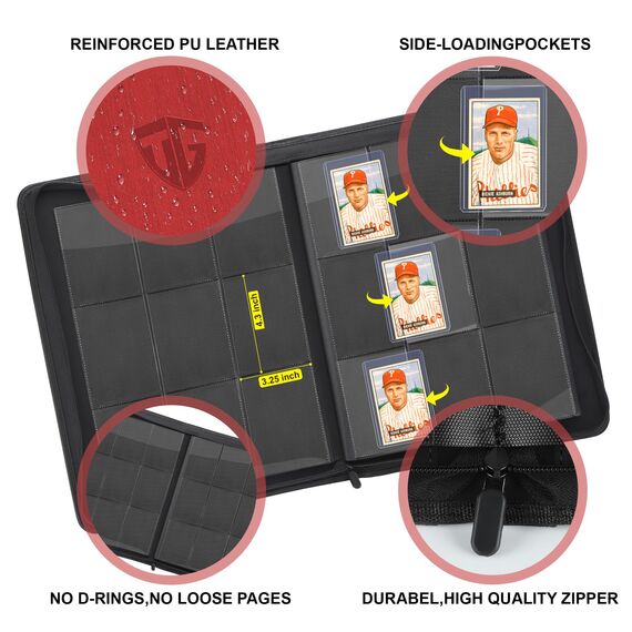 TCGUARD Sammelkarten Album für 216 Karten, 9 Fächer Toploader Binder mit Hüllen für 3"x4" Rigid Toploader Card, Trading Card Binder für TCG und MTG-Karten (Rot)