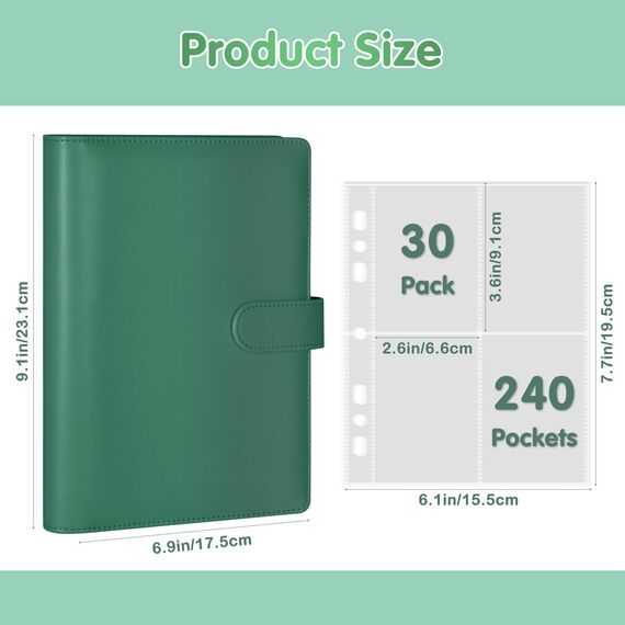 A5-Bindekarte Sammler mit 30 Pack 4-Pocket-Seiten,6 Ringbuch-Album mit 240 Kartenfächern, PU-Leder-Bindemittel mit magnetischem Schnallenverschluss zum Organisieren von Sammelkarten (Waldgrün)