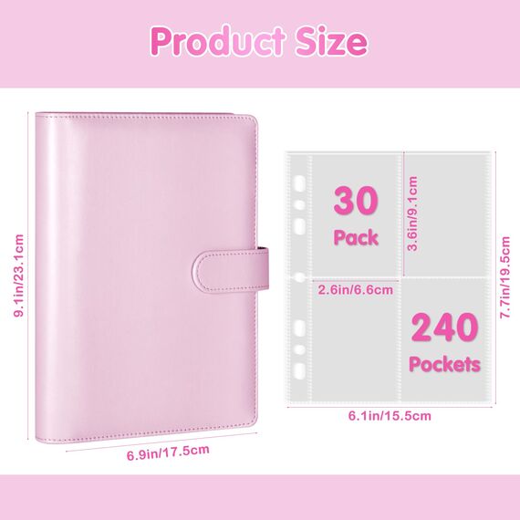 A5-Bindekarte Sammler mit 30 Pack 4-Pocket-Seiten,6 Ringbuch-Album mit 240 Kartenfächern, PU-Leder-Bindemittel mit magnetischem Schnallenverschluss zum Organisieren von Sammelkarten, K-Pop-Fotokarten
